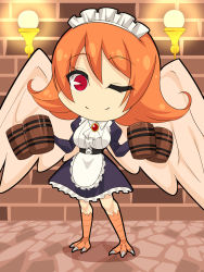 Rule 34 | 1girl, apron, ascot, bird legs, breasts, brick wall, byakkun (byakkun8181), chibi, closed mouth, dress, feathered wings, flipped hair, frilled apron, frills, full body, gem, harpy, highres, holding, indoors, ishuzoku reviewers, juliet sleeves, large breasts, long sleeves, looking at viewer, maid headdress, meidri, monster girl, one eye closed, orange hair, puffy sleeves, red eyes, short hair, smile, solo, standing, waist apron, white apron, wings