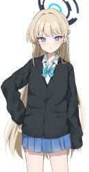 Rule 34 | 1girl, :o, black cardigan, blonde hair, blue archive, blue bow, blue bowtie, blue eyes, blue skirt, bow, bowtie, cardigan, halo, highres, long hair, long sleeves, looking at viewer, looking back, murase48, pleated skirt, school uniform, simple background, skirt, sleeves past wrists, solo, thighs, toki (blue archive), white background