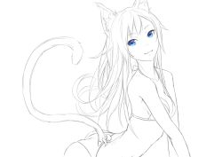 Rule 34 | 1girl, animal ears, arched back, ass, bad id, bad twitter id, bikini, blue eyes, breasts, cat ears, cat girl, cat tail, cleavage, commentary, greyscale, long hair, looking at viewer, monochrome, original, sketch, smile, solo, spot color, sugi 214, swimsuit, tail, upper body