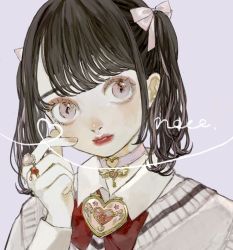 Rule 34 | 1girl, black hair, blush, bow, brooch, choker, collared shirt, commentary, commentary request, darico, eyebrows, fingernails, hair bow, hair ribbon, hand up, head tilt, heart, heart choker, heart o-ring, jewelry, key, lips, long hair, looking at viewer, nostrils, original, parted lips, pink choker, pink eyes, portrait, purple background, red lips, ribbon, ring, shirt, simple background, single sidelock, solo, sweater, symbol-only commentary, two side up, upper body, white ribbon, white sweater