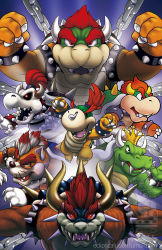 Rule 34 | 1boy, 2014, age difference, baby bowser, bowser, bracelet, chain, claws, clenched hands, collar, colored skin, crown, dated, dry bowser, eyebrows, giga bowser, glowing, glowing eyes, gradient hair, green skin, highres, horns, jewelry, king koopa, koopa, looking at viewer, male focus, mario (series), meowser, mohawk, multicolored hair, multiple persona, muscular, new super mario bros., nintendo, no humans, orange hair, orange skin, paper mario, ponytail, red eyes, red hair, sharp teeth, shell, skeleton, slit pupils, snot, spiked bracelet, spiked collar, spikes, super mario 3d world, super mario world 2: yoshi&#039;s island, super smash bros., teeth, the super mario bros. super show!, thick eyebrows, turtle shell, watermark, web address, white hair