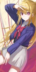 Rule 34 | 1girl, absurdres, arm up, black vest, blonde hair, blue jacket, bow, bowtie, closed mouth, collared shirt, commentary, cowboy shot, cropped jacket, double v, grey skirt, hair between eyes, highres, hoshino ruby, jacket, long hair, long sleeves, looking at viewer, mismatched pupils, one side up, oshi no ko, pink bow, pink bowtie, pink eyes, ronununn, school uniform, shirt, sidelocks, skirt, smile, solo, star-shaped pupils, star (symbol), symbol-shaped pupils, v, vest, white shirt, youtou high school uniform