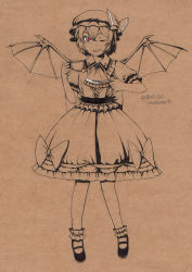 Rule 34 | 1girl, ;d, absurdres, ascot, bat wings, brooch, brown background, female focus, full body, hat, highres, jewelry, limited palette, looking at viewer, mary janes, monochrome, mushroom (osh320), one eye closed, open mouth, red eyes, remilia scarlet, sash, shoes, short hair, short sleeves, simple background, skirt, skirt set, smile, solo, spot color, touhou, wings, wink