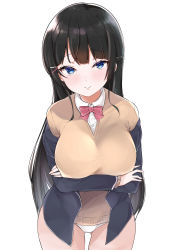 Rule 34 | 1girl, absurdres, bad id, bad pixiv id, black hair, black jacket, blue eyes, blush, bow, bowtie, breasts, closed mouth, collared shirt, from above, gluteal fold, hair ornament, hairclip, highres, jacket, large breasts, long hair, long sleeves, looking at viewer, looking up, mitsudoue, nijisanji, off shoulder, panties, pink bow, pink bowtie, school uniform, shirt, simple background, smile, solo, tsukino mito, tsukino mito (1st costume), underwear, virtual youtuber, wall, white background, white panties, white shirt, wing collar