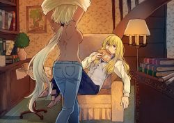 Rule 34 | 1boy, 1girl, alternate costume, backboob, blonde hair, blue neckwear, blue pants, body markings, book, bookshelf, breasts, caenis (fate), couch, dark-skinned female, dark skin, denim, fate/grand order, fate (series), from behind, grey vest, holding, holding book, jeans, kirschtaria wodime, lamp, large breasts, living room, long hair, low ponytail, no bra, on couch, pants, ponytail, reclining, shirt, unworn shirt, sideboob, stairs, tattoo, tsengyun, undressing, vest, wallpaper (object), white hair, white shirt