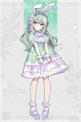 Rule 34 | 1girl, animal ears, bow, bowtie, commentary, dress, fake animal ears, frilled dress, frilled sleeves, frills, green hair, hair bow, hairband, highres, kusanagi nene, lolita fashion, lolita hairband, long sleeves, looking at viewer, low-tied sidelocks, low twintails, pout, project sekai, puffy short sleeves, puffy sleeves, purple bow, purple bowtie, purple eyes, purple footwear, rabbit ears, rainbow print, shoes, short sleeves, sidelocks, socks, solo, sweet lolita, twintails, waka (wk4444), white socks, wrist cuffs