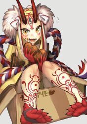 Rule 34 | blonde hair, box, eating, fangs, fate/grand order, fate (series), feet, horns, ibaraki douji (fate), japanese clothes, legs, long hair, looking at viewer, oni, open mouth, simple background, slit pupils, tagme, tattoo, teeth, toenails, toes, white background, yellow eyes