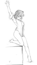 Rule 34 | 1girl, absurdres, artist request, barefoot, bottomless, breasts, dress shirt, feet, full body, greyscale, hair over one eye, highres, monochrome, nazo no kanojo x, shirt, short hair, solo, third-party source, urabe mikoto