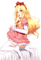 Rule 34 | .ronde, 10s, 1girl, :d, ass, bad id, bad pixiv id, bed, blonde hair, bow, brown eyes, clothes lift, dress, drill hair, eromanga sensei, frilled dress, frills, hair bow, hair ribbon, highres, kneeling, long hair, looking at viewer, no shoes, open mouth, panties, pantyshot, pink dress, pointy ears, ribbon, skirt, skirt lift, smile, solo, thighhighs, underwear, white thighhighs, yamada elf