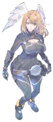 Rule 34 | 1girl, belt, belt pouch, black belt, black bodysuit, black footwear, blue eyes, bodysuit, breast tattoo, breasts, brown hair, cleavage, cleavage cutout, clothing cutout, commentary request, eunie (xenoblade), head wings, highres, large breasts, long hair, looking at viewer, parted lips, pouch, smile, solo, tattoo, ug333333, white wings, wings, xenoblade chronicles (series), xenoblade chronicles 3
