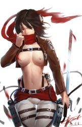 Rule 34 | 1girl, bad id, bad pixiv id, belt, black hair, blood, breasts, cicada (bloodcicada), covering own mouth, highres, jacket, medium breasts, mikasa ackerman, nipples, open clothes, open jacket, reverse grip, scarf, scarf over mouth, shingeki no kyojin, short hair, solo, sword, thigh strap, three-dimensional maneuver gear, weapon