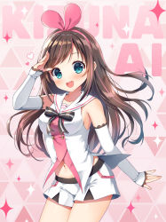 Rule 34 | 1girl, :d, arm up, bare shoulders, blush, brown hair, character name, commentary request, detached sleeves, green eyes, hair ribbon, hairband, head tilt, heart, kizuna ai, kizuna ai inc., long hair, long sleeves, mauve, multicolored hair, open mouth, pink hair, pink hairband, pink ribbon, ribbon, shirt, short shorts, shorts, sleeveless, sleeveless shirt, sleeves past wrists, smile, solo, sparkle, streaked hair, teeth, upper teeth only, very long hair, virtual youtuber, white shirt, white shorts, white sleeves