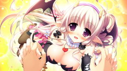 Rule 34 | 1girl, animal, blonde hair, breasts, cleavage, game cg, horns, julia lin road, long hair, magical marriage lunatics!!, o-ring, o-ring top, open mouth, pointy ears, purple eyes, thighhighs, yamakaze ran