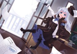 Rule 34 | 1girl, balcony, blue eyes, book, boots, desk, gloves, highres, kuuki shoujo, long hair, long sleeves, looking at viewer, on desk, open door, open mouth, original, pantyhose, paper, petticoat, shirt, sitting, on desk, skirt, smile, solo, the personfication of atmosphere, the personification of atmosphere, uniform, white hair, yaguo