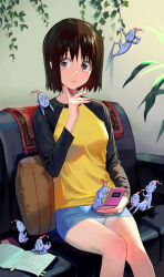 Rule 34 | 1girl, black shirt, blue skirt, breasts, closed mouth, couch, highres, hikikomori alien, holding, holding phone, index finger raised, knees together feet apart, light blush, long sleeves, multicolored shirt, nakahara misaki, nhk ni youkoso!, on couch, panties, pantyshot, phone, pillow, raglan sleeves, shirt, sitting, skirt, small breasts, solo, some1else45, underwear, yellow shirt