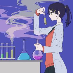 Rule 34 | 1girl, black hair, black necktie, blue background, brown eyes, bubble, coat, erlenmeyer flask, flask, grey coat, hair ornament, hairclip, long sleeves, necktie, original, pocket, ponytail, red sweater, round-bottom flask, shi oo, simple background, smoke, solo, sweater, test tube, upper body