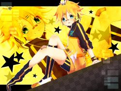 Rule 34 | 1boy, bad id, bad pixiv id, bandaid, blonde hair, blue eyes, hakumugi, headset, jacket, kagamine len, looking at viewer, male focus, project diva, project diva (series), project diva f, shoes, short hair, single shoe, socks, solo, stylish energy (vocaloid), vocaloid