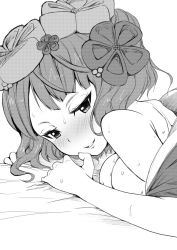 Rule 34 | 1girl, bare shoulders, blush, breasts, fate/grand order, fate (series), flower, garyou, greyscale, hair flower, hair ornament, japanese clothes, katsushika hokusai (fate), kimono, looking at viewer, medium breasts, monochrome, parted lips, short hair, sketch, solo, sweat