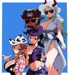 Rule 34 | 1boy, 3girls, :3, absurdres, age difference, black hair, border, breasts, cleavage, cowboy clothes, cowboy hat, curvy, earrings, grin, gun, hat, highres, holding, holding gun, holding weapon, jewelry, large breasts, long hair, looking at viewer, multiple girls, nami (one piece), nico robin, one piece, orange hair, shiny clothes, simple background, size difference, smile, sunglasses, tony tony chopper, weapon, white border, whoopsatro, wide hips, yamato (one piece)
