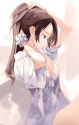 Rule 34 | 1girl, absurdres, adjusting hair, aqua eyes, arm up, artist request, blurry, breasts, brown hair, cheon soyeong (cheonbi), cleavage, closed mouth, commentary request, commission, from side, grey background, hand up, high ponytail, highres, knee up, korean commentary, lips, long hair, looking down, medium breasts, open clothes, original, pajamas, profile, scrunchie, second-party source, short sleeves, sitting, sleeves rolled up, solo, upper body, v-neck, white background, white scrunchie, wide sleeves, wrist scrunchie