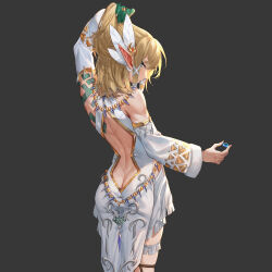 Rule 34 | 1boy, adjusting hair, alice (mcaredor), alternate color, alternate costume, ass, back, back cutout, backless outfit, blonde hair, butt crack, clothing cutout, cropped legs, detached sleeves, feather hair ornament, feathers, frostbite set (zelda), grey background, hair ornament, hair tie, highres, link, looking at viewer, looking back, nintendo, official alternate costume, pointy ears, snowquill set (zelda), solo, the legend of zelda, the legend of zelda: tears of the kingdom, trap