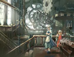 Rule 34 | 2girls, absurdres, against railing, apron, blonde hair, blue eyes, candle, candlestand, chain, closed mouth, commentary, crossed arms, crystal, flandre scarlet, from behind, gears, grey hair, hat, hat ribbon, highres, indoors, izayoi sakuya, maid, maid apron, maid headdress, mob cap, multicolored wings, multiple girls, puffy short sleeves, puffy sleeves, railing, red vest, ribbon, shoes, short hair, short sleeves, skirt, skirt set, stairs, touhou, vest, waist apron, window, wings, zhuxie1264852