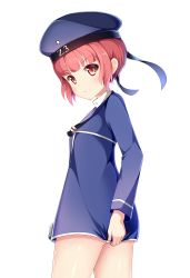 Rule 34 | 10s, 1girl, blue dress, blue ribbon, blunt bangs, blush, bottomless, character name, closed mouth, clothes writing, cowboy shot, dress, dress tug, eyebrows, frown, hat, kagami (galgamesion), kantai collection, long sleeves, looking at viewer, red eyes, red hair, ribbon, sailor collar, sailor hat, short dress, short hair, simple background, solo, white background, z3 max schultz (kancolle)