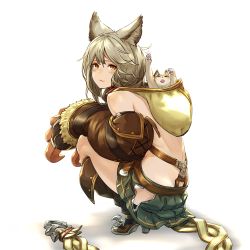 Rule 34 | 10s, 1girl, animal ears, blush, boots, braid, cat, claw (weapon), claws, collar, erune, full body, granblue fantasy, hood, hood basket, long hair, looking at viewer, miniskirt, orange eyes, robo8, sen (granblue fantasy), silver hair, simple background, skirt, slit pupils, smile, solo, squatting, weapon, white background