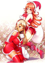 Rule 34 | 2girls, alessandra susu, ass, blonde hair, blue eyes, boots, breasts, christmas, cleavage, elbow gloves, fur boots, gloves, grin, hat, huge breasts, ichimatsu (anaumemondai), kneeling, long hair, medium breasts, multiple girls, open mouth, orange hair, red eyes, red footwear, red gloves, red legwear, sack, santa boots, santa costume, santa hat, skirt, smile, thigh boots, thighhighs, tokyo 7th sisters, upskirt, usuta sumire