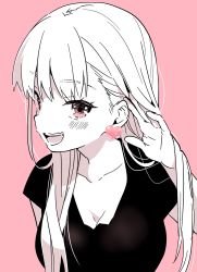Rule 34 | 1girl, blush, breasts, cleavage, collarbone, earrings, heart, heart earrings, highres, jewelry, kuroda bb, large breasts, long hair, looking at viewer, looking to the side, monochrome, original, pink background, shirt, short sleeves, solo, t-shirt
