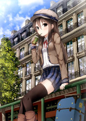Rule 34 | 1girl, black thighhighs, boots, brown eyes, brown hair, drinking, hat, highres, jacket, long hair, luggage, morerin, open clothes, open jacket, original, plaid, plaid skirt, ribbon, rolling suitcase, shirt, skirt, solo, striped clothes, striped shirt, suitcase, thighhighs, tree, vertical-striped clothes, vertical-striped shirt