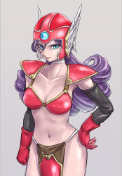 Rule 34 | 1girl, armor, bikini armor, black sleeves, blue eyes, breasts, choker, commentary request, curly hair, detached sleeves, dragon quest, dragon quest iii, gloves, grey background, helmet, highres, large breasts, long hair, pekuchin (pekuchin 3), purple hair, red armor, red gloves, soldier (dq3), solo, white choker, winged helmet