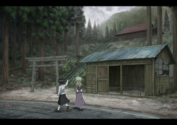 Rule 34 | 2girls, architecture, bad id, bad pixiv id, bench, blonde hair, blouse, broken window, brown hair, cloud, cloudy sky, corrugated galvanized iron sheet, dress, east asian architecture, forest, from behind, hat, highres, kneehighs, letterboxed, long hair, long sleeves, maribel hearn, mountain, multiple girls, nature, pointing, pointing up, purple dress, road, ruins, rust, sasaj, scenery, shirt, short hair, skirt, sky, socks, stairs, torii, touhou, usami renko, walking, white legwear