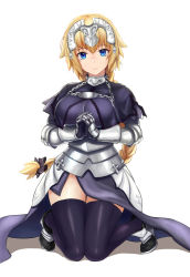 Rule 34 | 1girl, armor, armored dress, blonde hair, blue eyes, breasts, chain, fate/apocrypha, fate/stay night, fate (series), female focus, jeanne d&#039;arc (fate), jeanne d&#039;arc (ruler) (fate), jilllxlxl, kneeling, knees together feet apart, large breasts, long hair, own hands clasped, own hands together, solo, thighhighs, type-moon
