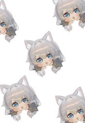 Rule 34 | 1girl, :d, animal ear fluff, animal ears, blue eyes, chibi, commentary request, dokomon, grey hair, hair between eyes, hands up, highres, honkai (series), honkai impact 3rd, kemonomimi mode, korean commentary, multiple views, open mouth, simple background, smile, theresa apocalypse, v-shaped eyebrows, whiskers, white background