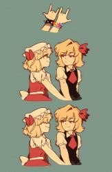 Rule 34 | 2girls, blonde hair, bracelet, collared shirt, artistic error, flandre scarlet, frilled shirt, frilled sleeves, frills, hair ribbon, hat, highres, jewelry, linmiee, mob cap, multiple girls, necktie, no wings, ribbon, rumia, shirt, short hair, short sleeves, smile, spiked bracelet, spikes, touhou, vest, wrong hand