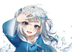 Rule 34 | 1girl, ahoge, animal hood, blue eyes, blue hair, blue hoodie, blush, commentary, ddungddang, fins, fish tail, from above, gawr gura, gawr gura (1st costume), glint, grey hair, highres, hololive, hololive english, hood, hoodie, light blue hair, long hair, looking at viewer, multicolored hair, open hand, open mouth, shading eyes, shark girl, shark hood, shark tail, sharp teeth, simple background, smile, solo, streaked hair, tail, teeth, two side up, upper body, upper teeth only, virtual youtuber, water, water drop, white background
