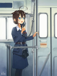 Rule 34 | 1girl, ahoge, alternate costume, artist name, belt, belt buckle, black pantyhose, blue eyes, blue jacket, blue skirt, blush, braid, brown hair, buckle, bus interior, buttons, cable, commentary request, dated, feet out of frame, hair between eyes, hair flaps, hair over shoulder, hair ribbon, holding, holding microphone, jacket, kantai collection, kusakabe (kusakabeworks), long hair, long sleeves, looking at viewer, microphone, open mouth, pantyhose, pocket, ribbon, shigure (kancolle), shigure kai ni (kancolle), single braid, skirt, smile, solo, standing, twitter username, uniform