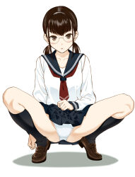 Rule 34 | 1girl, absurdres, black eyes, black hair, black sailor collar, black skirt, black socks, brown footwear, clothes lift, crotch seam, glasses, highres, lifted by self, loafers, long sleeves, looking at viewer, low twintails, medium hair, mole, mole under mouth, moonsorrow, neckerchief, original, panties, parted lips, pleated skirt, red neckerchief, rimless eyewear, round eyewear, sailor collar, school uniform, serafuku, shadow, shirt, shoes, simple background, skirt, skirt lift, socks, solo, squatting, twintails, underwear, white background, white panties, white shirt