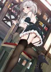 Rule 34 | 1girl, :d, absurdres, ass, bare shoulders, black thighhighs, blush, breasts, detached sleeves, dress, earrings, garter straps, grey hair, hair ornament, hairclip, highres, hiragi ringo, indoors, jewelry, large breasts, long hair, looking at viewer, looking back, maid, maid headdress, one side up, open mouth, original, panties, red eyes, sidelocks, smile, solo, thighhighs, thighs, underwear, wrist cuffs