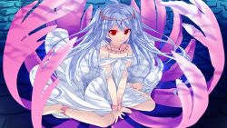Rule 34 | 1girl, barefoot, blue hair, chobipero, collar, dress, feet, flat chest, game cg, legs, long hair, looking at viewer, red eyes, shin shirogane no soleil reanswer, sitting, solo, thighs, toes, twintails