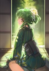Rule 34 | 1girl, alternate hairstyle, arm support, c.c., code geass, creayus, doorway, dress, flower, green dress, green hair, hair flower, hair ornament, japanese clothes, kanzashi, kimono, light particles, light smile, long hair, long sleeves, looking at viewer, looking back, nape, obi, pinstripe pattern, revision, sash, sitting, solo, striped, tabi, tatami, twitter username, wariza, wide sleeves, yellow eyes