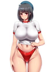 Rule 34 | 10s, 1girl, alternate costume, beret, black hair, blush, breasts, buruma, clothes pull, cowboy shot, crop top, female focus, gym uniform, hat, highleg, highleg buruma, huge breasts, ishimiso (ishimura), kantai collection, large breasts, looking at viewer, midriff, red eyes, short hair, simple background, solo, standing, takao (kancolle), white background