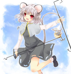 Rule 34 | 1girl, animal ears, bad id, bad pixiv id, basket, capelet, dowsing rod, female focus, fuyu-nagi, grey hair, jewelry, mouse (animal), mouse ears, mouse tail, nazrin, open mouth, pendant, red eyes, short hair, smile, solo, standing, standing on one leg, tail, touhou