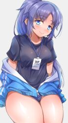 Rule 34 | 1girl, black shirt, blue archive, blue buruma, blue eyes, blue jacket, blush, buruma, closed mouth, grey hair, gym shirt, gym uniform, highres, jacket, jacket partially removed, kazetuki, long hair, looking at viewer, name tag, official alternate costume, phone, ponytail, purple hair, shirt, short sleeves, simple background, smile, solo, thick thighs, thighs, track jacket, yuuka (blue archive), yuuka (track) (blue archive)
