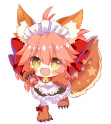 Rule 34 | 1girl, :3, ahoge, alternate costume, animal ears, animal hands, apron, bell, blush stickers, breasts, chibi, collar, dress, enmaided, fangs, fate/grand order, fate (series), fox ears, fox tail, gx27, hair ribbon, long hair, looking at viewer, maid, maid apron, maid headdress, neck bell, open mouth, paw pose, pink hair, ribbon, simple background, solo, star (symbol), tail, tamamo (fate), tamamo cat (fate), tamamo cat (second ascension) (fate), tamamo no mae (fate/extra), thighhighs, white background, white thighhighs, yellow eyes
