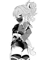 Rule 34 | 1girl, armor, breasts, crop top, fishnet top, fishnets, genshin impact, gloves, greyscale, hand on own hip, japanese armor, japanese clothes, kuki shinobu, mask, medium breasts, monochrome, mouth mask, ninja mask, partially fingerless gloves, ponytail, short shorts, shorts, simple background, solo, soto, tassel