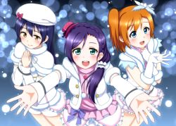 Rule 34 | 10s, 3girls, :d, beret, blue eyes, blue hair, blush, coat, cowboy shot, elbow gloves, frills, fur trim, gloves, green eyes, hat, kosaka honoka, long sleeves, looking back, love live!, love live! school idol project, mohya, multiple girls, open mouth, orange hair, outstretched arms, palms, pom pom (clothes), purple hair, side ponytail, skirt, smile, snow halation, sonoda umi, standing, sweater, tojo nozomi, white gloves, white skirt, yellow eyes
