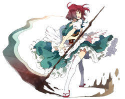 Rule 34 | 1girl, apron, dress, female focus, frills, full body, green dress, hirasaka ine, japanese clothes, kimono, kimono skirt, legs, looking back, obi, onozuka komachi, open mouth, puffy sleeves, red eyes, red hair, sash, scythe, short hair, short twintails, simple background, solo, standing, thighhighs, touhou, twintails, two side up, waist apron, weapon, white background, white thighhighs, x arms