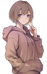 Rule 34 | 1girl, absurdres, anya melfissa, blue eyes, brown hair, brown hoodie, commentary request, hand in pocket, highres, hitozche, hololive, hololive indonesia, hood, hoodie, long sleeves, looking at viewer, short hair, signature, simple background, smile, solo, standing, upper body, v, virtual youtuber, white background, zipper